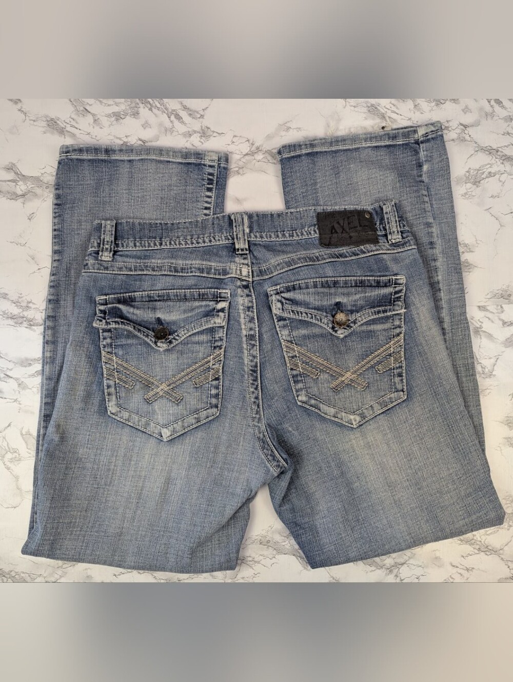T.K. Axel Vintage Bootcut Jeans Men 34x32 Light Wash Distressed Flap Pocket